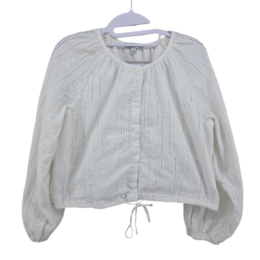 Ophelia Roe Top Womens L Cropped Puff Sleeve White Cottagecore Milkmaid Prairie
